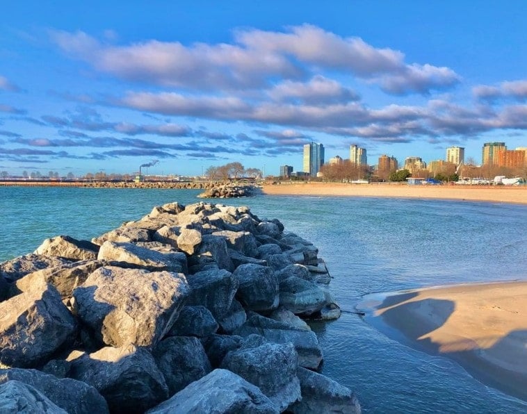 rocks and sand at McKinley Beach on Lake Michigan in Milwaukee Wisconsin